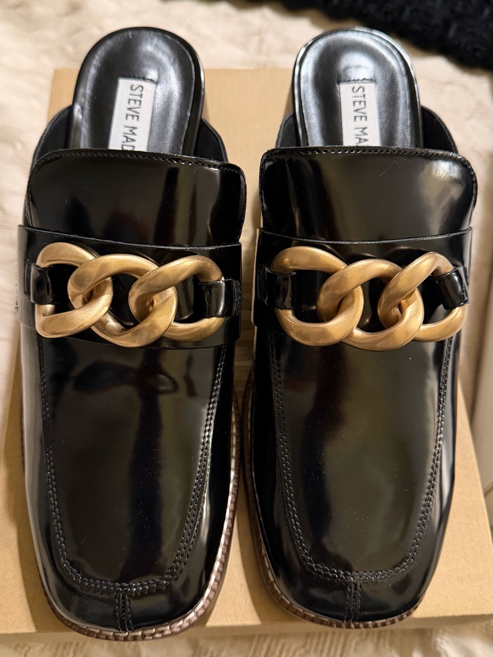 Steve Madden Black Patent Mules with Gold Chain Accent